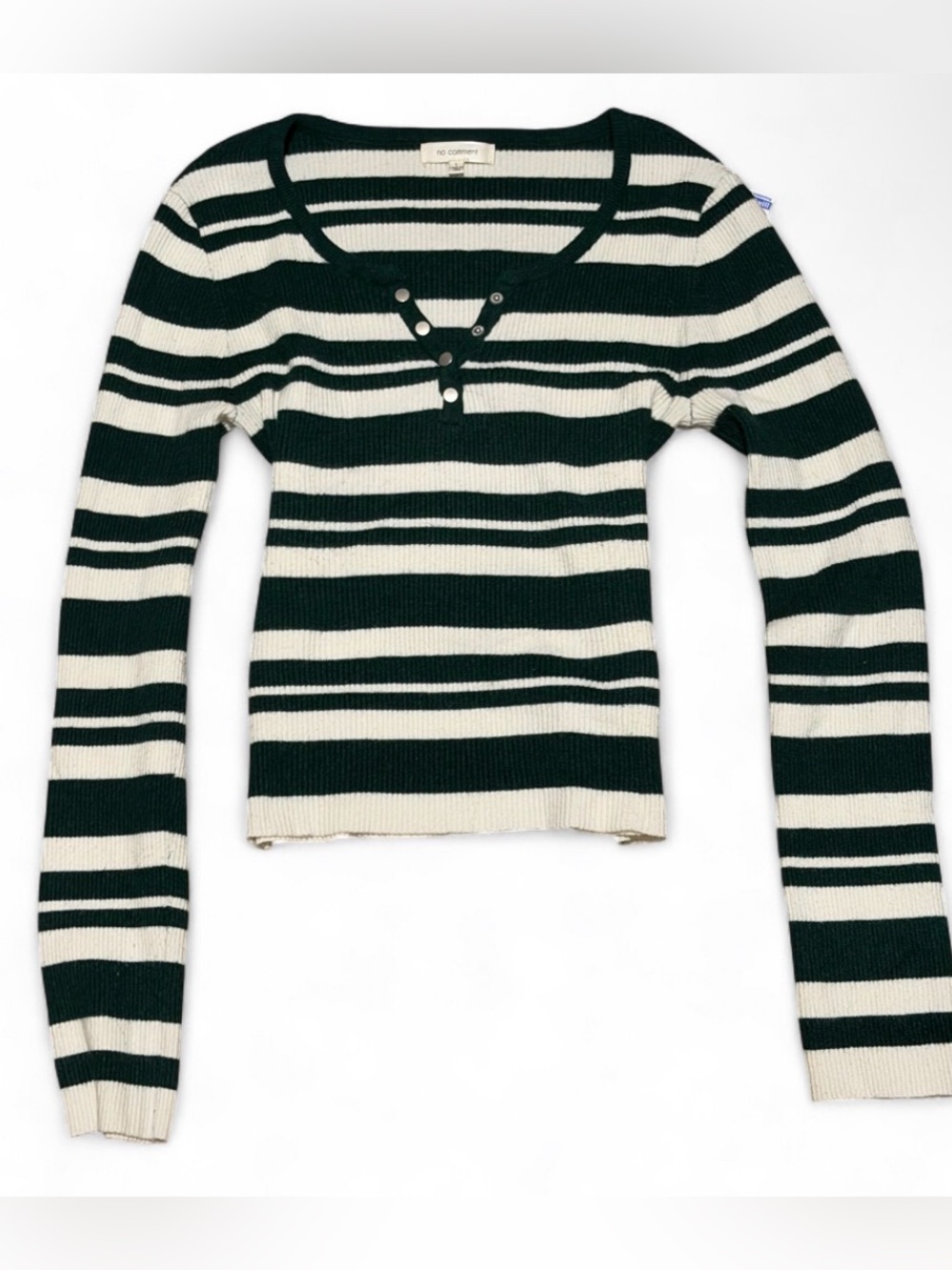 No Comment Green White Striped Ribbed Long Sleeve Y2K Henley Top